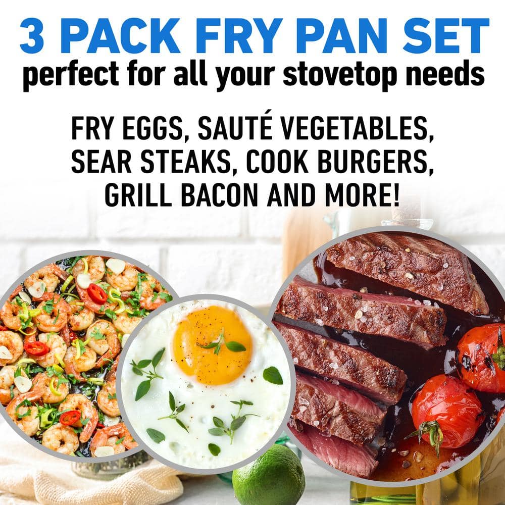 Black Aluminum Nonstick 3-Piece Frying Pan Set with Rubber Handles