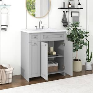 30 in. W Single Sinks Freestanding Bath Vanity in Gray with White Ceramic Top and Double-Layer Deep Drawer