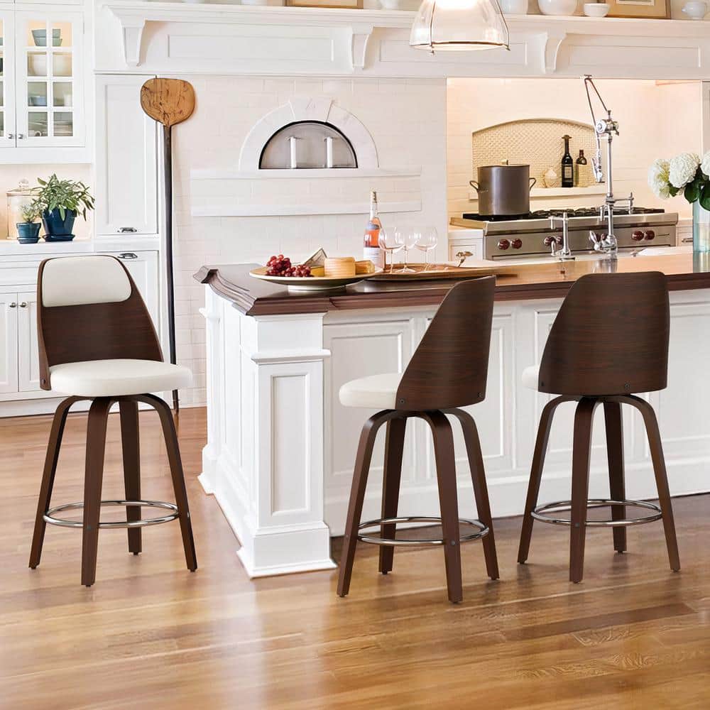 Edward 26 in. Antique white Faux Leather Swivel Bar Stool Solid Wood Walnut