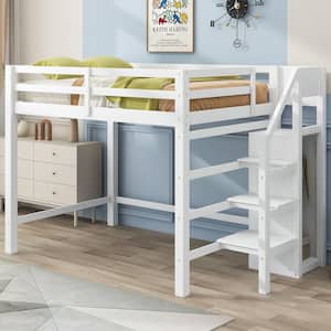 White Full Size Wood Loft Bed with Staircase and Built-in Storage Wardrobe