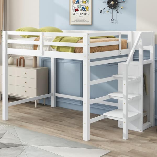 Harper & Bright Designs White Full Size Wood Loft Bed with Staircase and Built-in Storage Wardrobe