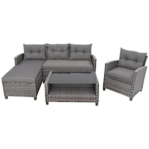 4-Piece Wicker Patio Conversation Furniture Set Outdoor Sectional Sofa Set with Gray Cushion