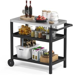 Black Outdoor Prep Cart Movable Dining Cart Table BBQ Grill Cart