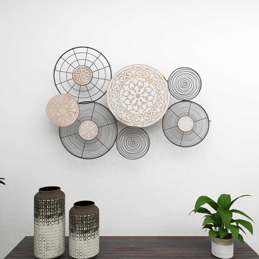 Boho Black and Beige Metal and Pinewood Circle Wall Sculpture