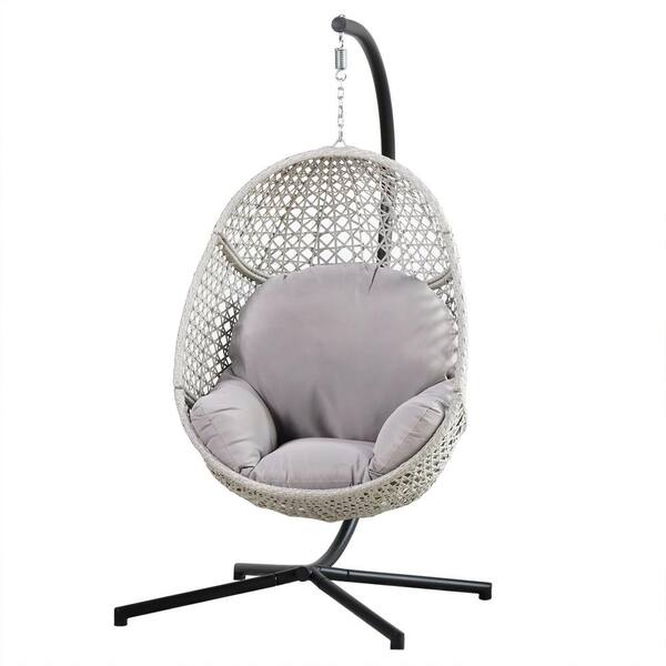 Zeus & Ruta Outdoor Indoor Freestanding Wicker Swing Egg Chair with Gray Cushion and Stand