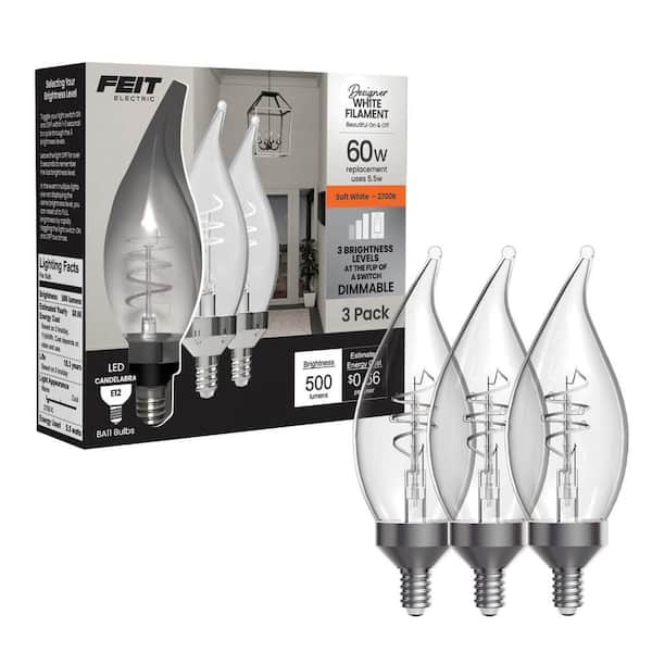 60W Equivalent BA11 E12 Candelabra Switch to Dim White Filament Clear Chandelier LED Light Bulb Soft White 2700K(3-Pack)