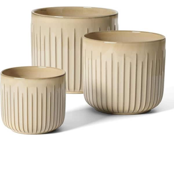 ITOPFOX Modern 8.3 in. L x 8.3 in. W x 7.5 in. H Reactive Glaze Cloud Cream Ceramic Round Indoor Planter (3-Pack)