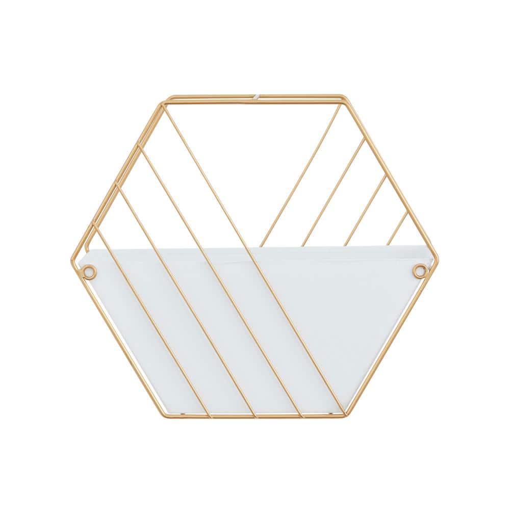 Chic Brassy Gold & White Iron Wall Planter, Medium 12" Rectangle