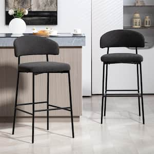 Bennett Black Boucle Upholstered Fabric Bar Stool with Black Iron Legs, Set of 2