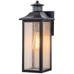 Black Motion Sensing Dusk to Dawn Outdoor Hardwired Wall Lantern Sconce with Seeded Glass Shade and No Bulbs Included