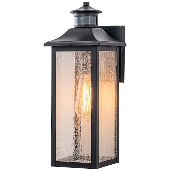 C Cattleya Black Motion Sensing Dusk to Dawn Outdoor Hardwired Wall Lantern Sconce with Seeded Glass Shade and No Bulbs Included