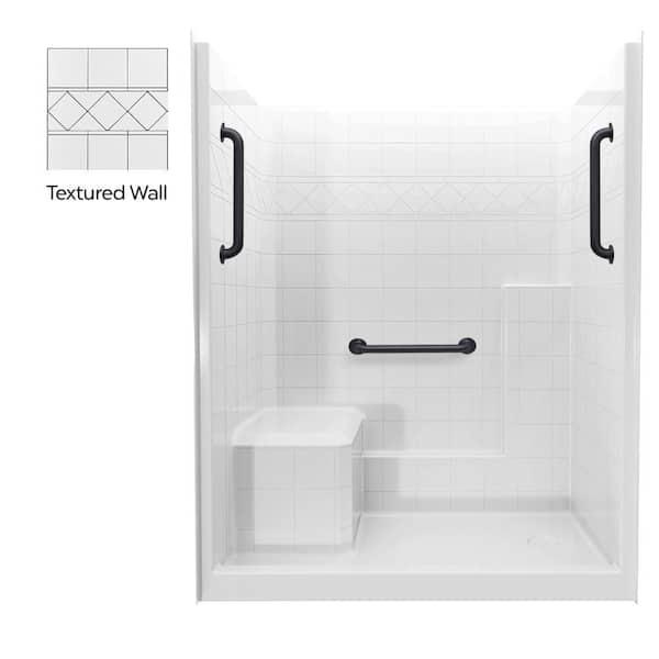 Liberty 60 in. x 33 in. x 77 in. Alcove 1-Piece Shower Wall and Shower Pan in White with 3 Black Grab Bars, Left Seat