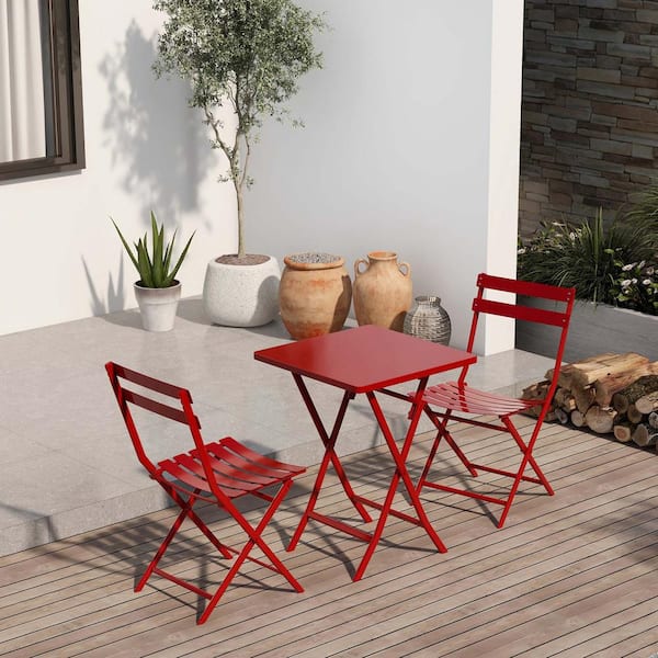 Unbranded Red 3-Pieces Metal Outdoor Bistro Set Folding Patio Dining Sets with Square Table