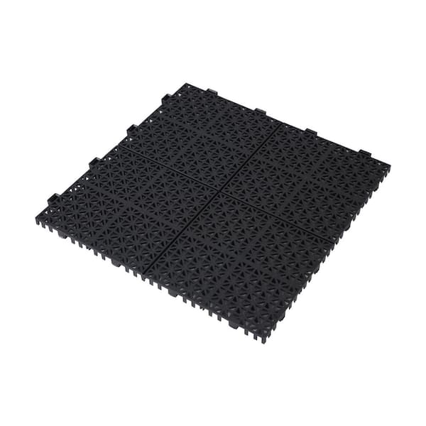 Black 12 in. x 12 in. x 0.43 in. Thick Plastic Interlocking Deck Tiles Rosette Pattern Anti-Slip 24 sq. ft. (24 Pack)
