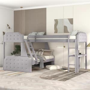 L-Shaped Gray Twin over Full Upholstered Bunk Bed and Twin Size Loft Bed with Desk