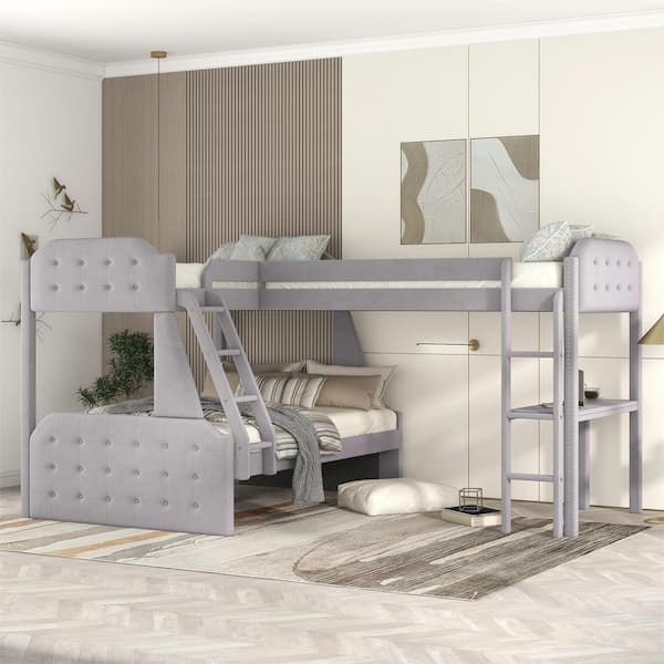 Polibi L-Shaped Gray Twin over Full Upholstered Bunk Bed and Twin Size Loft Bed with Desk