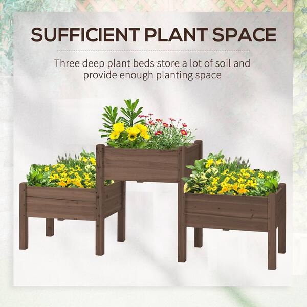 Unbranded - Coffee Raised Garden Bed with 3 Planter Box, Elevated Wooden Plant Stand with Drainage Holes for Vegetables, Flowers