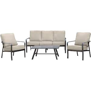 Cortino 4-Piece Commercial Rust-Free Aluminum Patio Conversation Set with Tan Sunbrella Cushions, Sofa and Slat Table