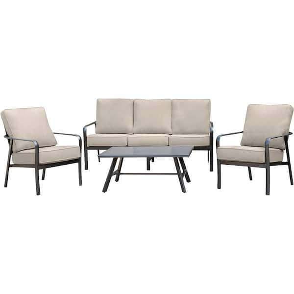 Hanover Cortino 4-Piece Commercial Rust-Free Aluminum Patio Conversation Set with Tan Sunbrella Cushions, Sofa and Slat Table