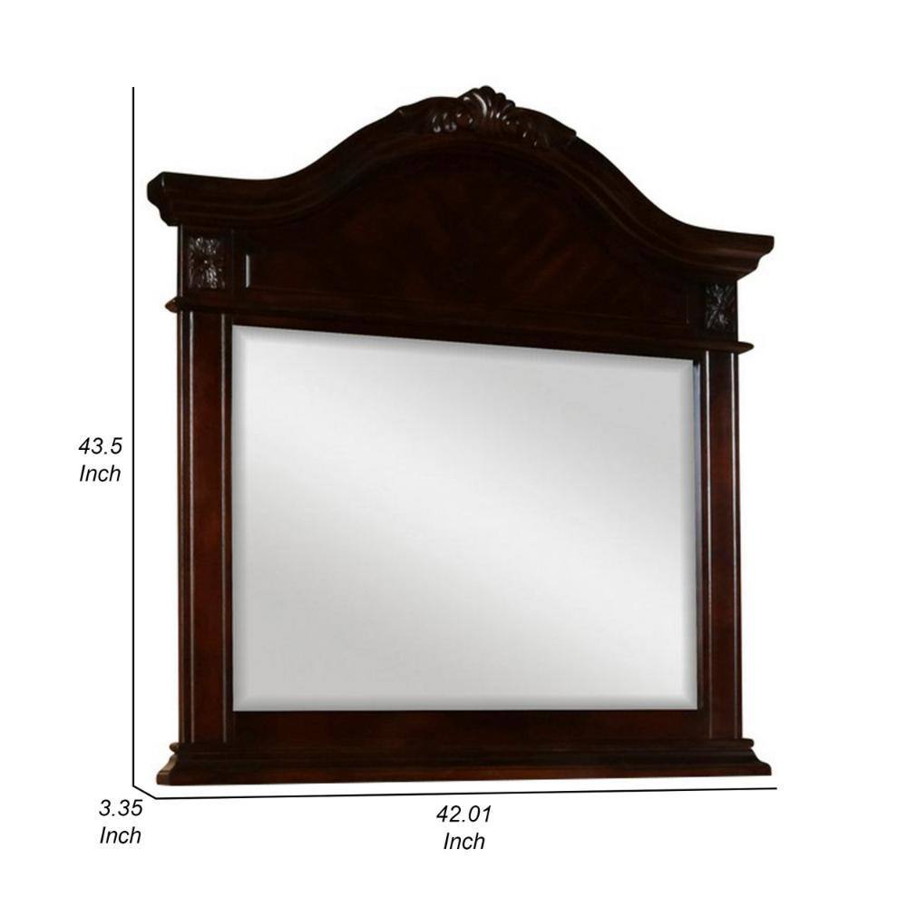 Arched Dark Brown Maple Wood Dresser Mirror with Hand Carved Frame