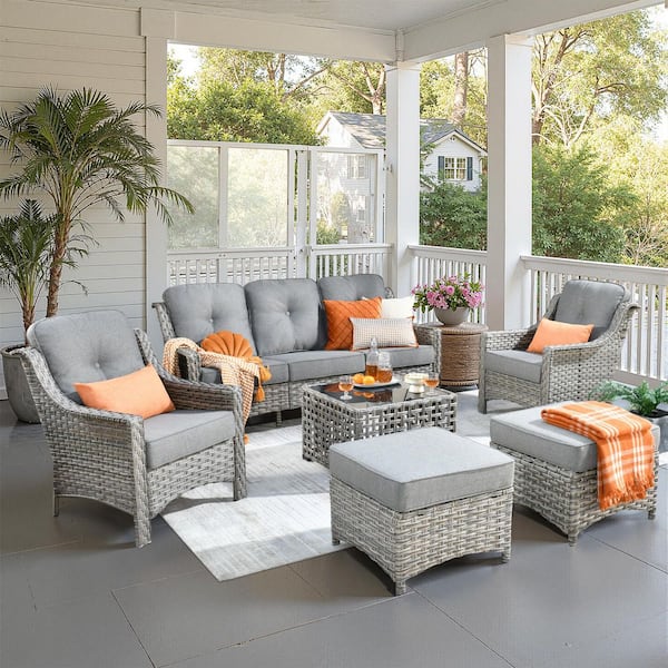 Verona Grey 6-Piece Wicker Modern Outdoor Patio Conversation Sofa Seating Set with Dark Grey Cushions