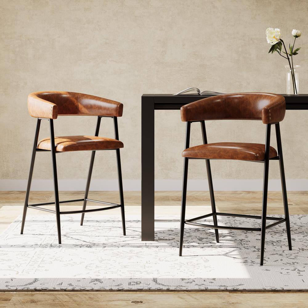 Brown Leather and Iron Frame Counter Stools, Set of 2