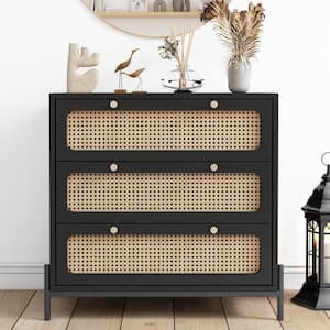 30 in. W x 15.7 in. D x 30 in. H Black Wood Linen Cabinet with 3 Rattan Drawers and Legs