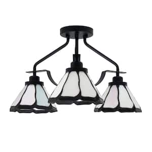 Zara 17.25 in. 3-Light Matte Black Semi-Flush with 7 in. Pearl & Black Flair Art Glass Shades No Bulbs Included