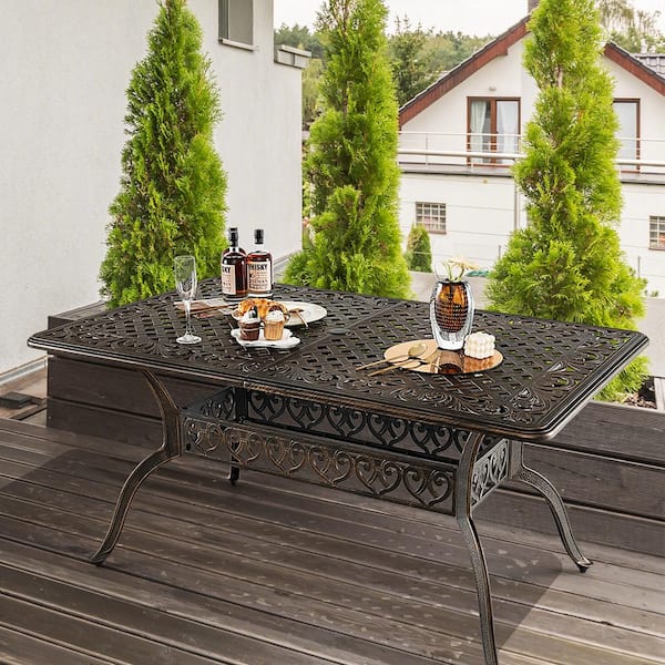 59 in. Patio Rectangle Dining Table Outdoor Cast Aluminum Table with Umbrella Hole