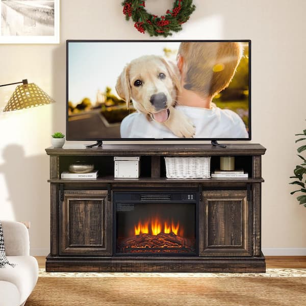 59 in. Freestanding Sliding Door TV Stand Large Storage Cabinet with 23 in. Fireplace, TV up to 65 in., White