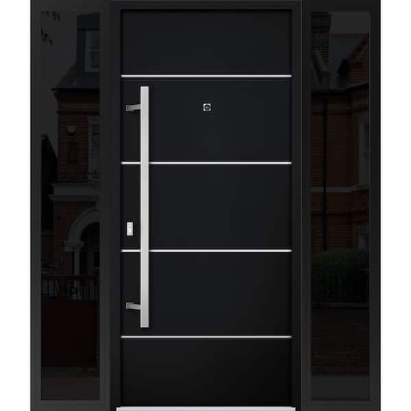 6083 60 in. x 80 in. Right-hand/Inswing 2 Sidelights Black Enamel Steel Prehung Front Door with Hardware