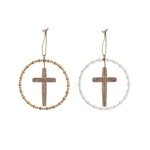 10.25 in.Round Wood Cross and Beads Hanging Art Wall Art Decor (Set of 2)
