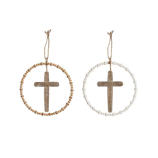 Storied Home 10.25 in.Round Wood Cross and Beads Hanging Art Wall Art Decor (Set of 2)