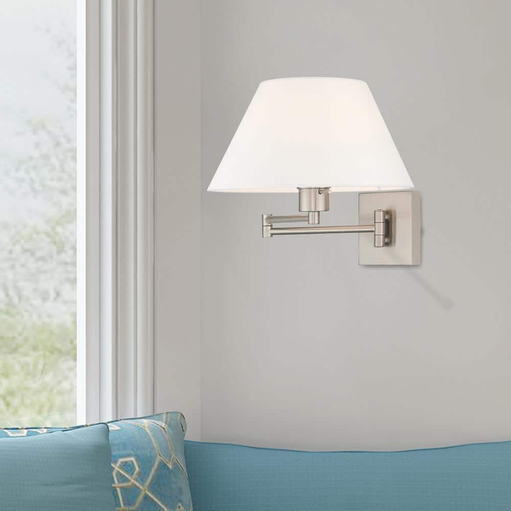Brushed Nickel Swing Arm Wall Lamp with Off-White Fabric Shade