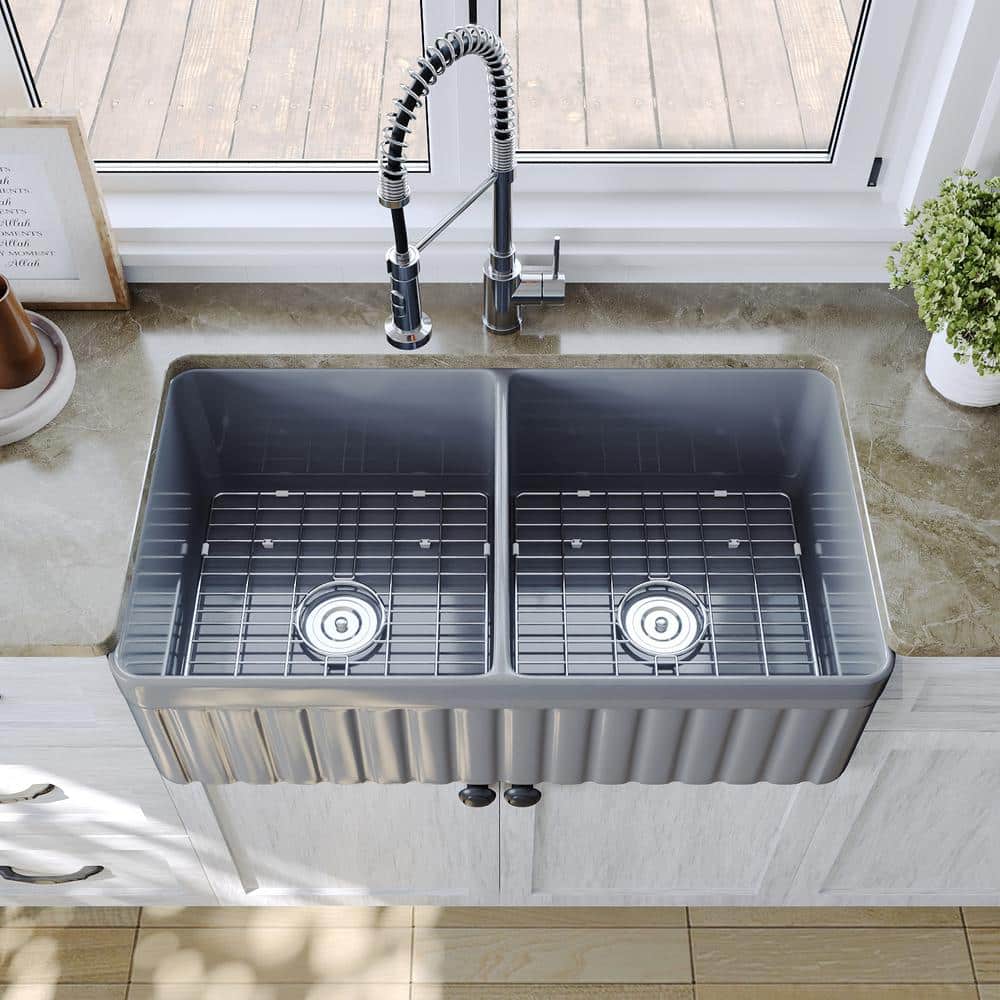 Gray Fireclay Double Bowl Farmhouse Kitchen Sink with Grid and Strainer