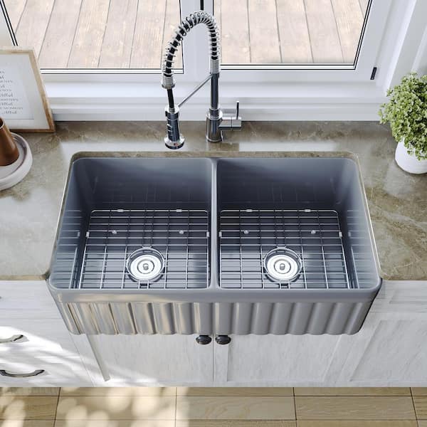 DEERVALLEY 33 in. Gray Fireclay Double Bowl Farmhouse/Apron-Front Kitchen Sink with Bottom Grid and Basket Strainer
