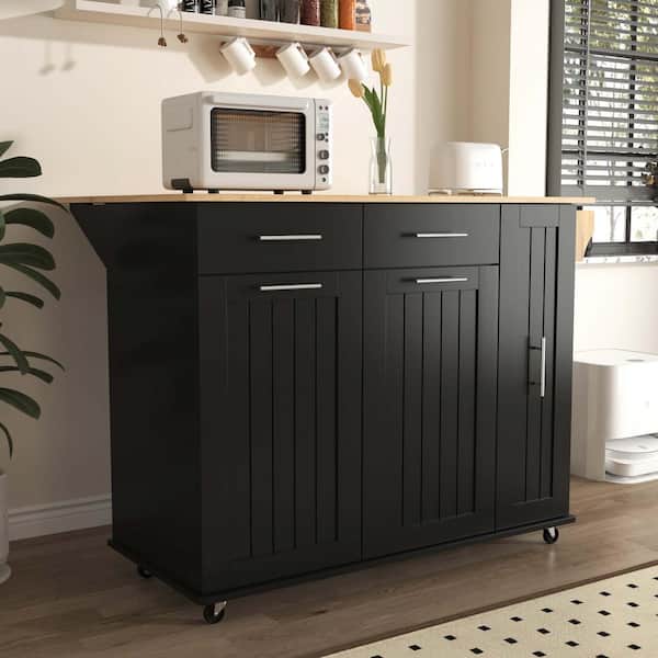 Polibi Black Rubber Wood 46 in. W Kitchen Island with Drop Leaf, 3 Tier Pull Out Cabinet Organizer, Towel Rack, 2 Drawers
