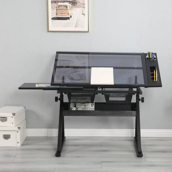 38.5 in. Rectangular Black Metal Adjustable Tempered Glass Standing Drafting Desk with Chair