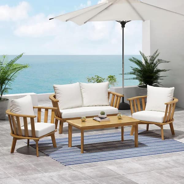 Sudzendf 4-Piece Acacia Wood Outdoor Conversation Patio Furniture Set with White Cushions