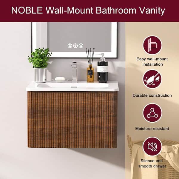 24 in. Wall Mount Modern Single Sink Striped Walnut Bath Vanity with One-Piece White Ceramic Sink Top Sink Pre-assembled