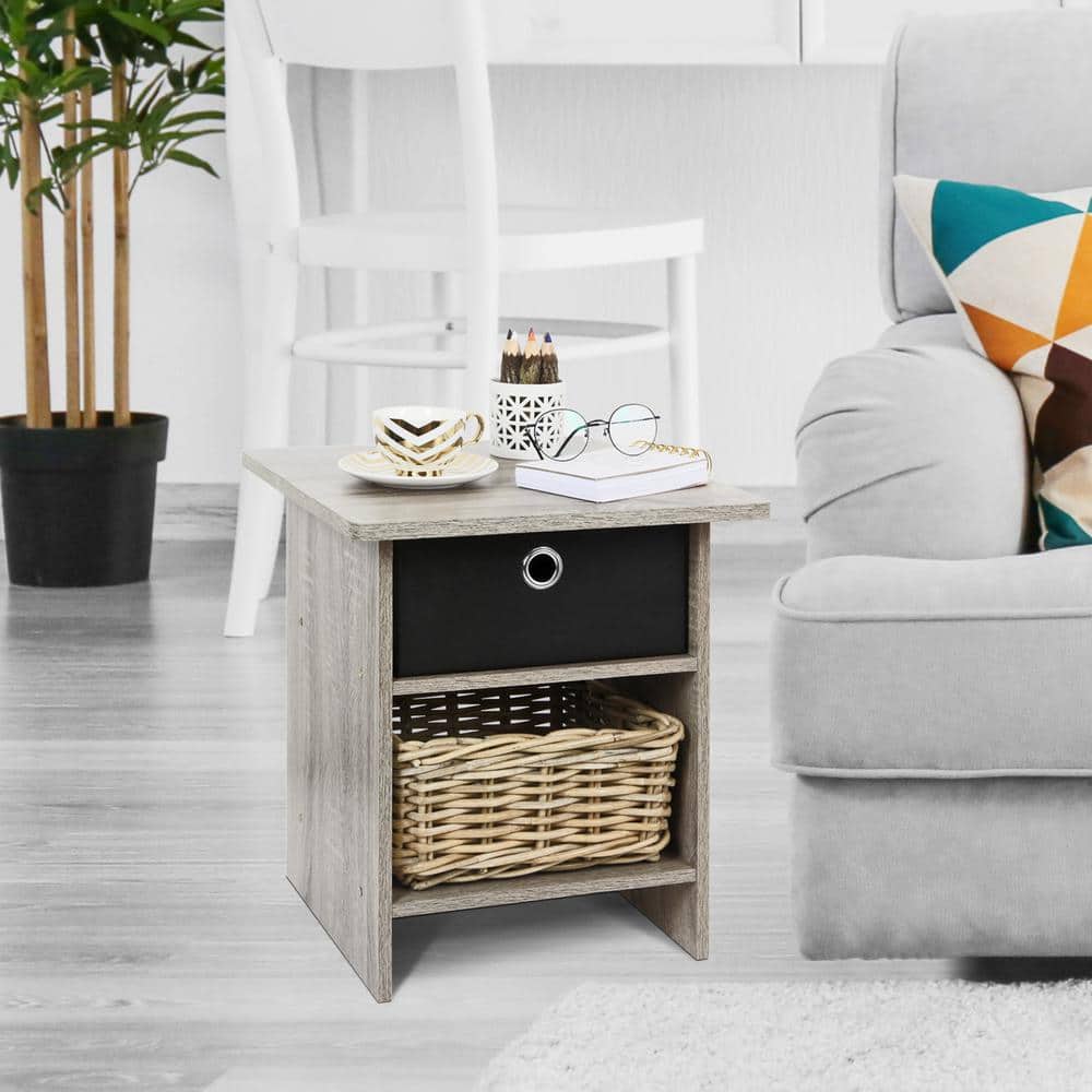 French Oak Grey and Black Square Wood End Table with Storage Bin
