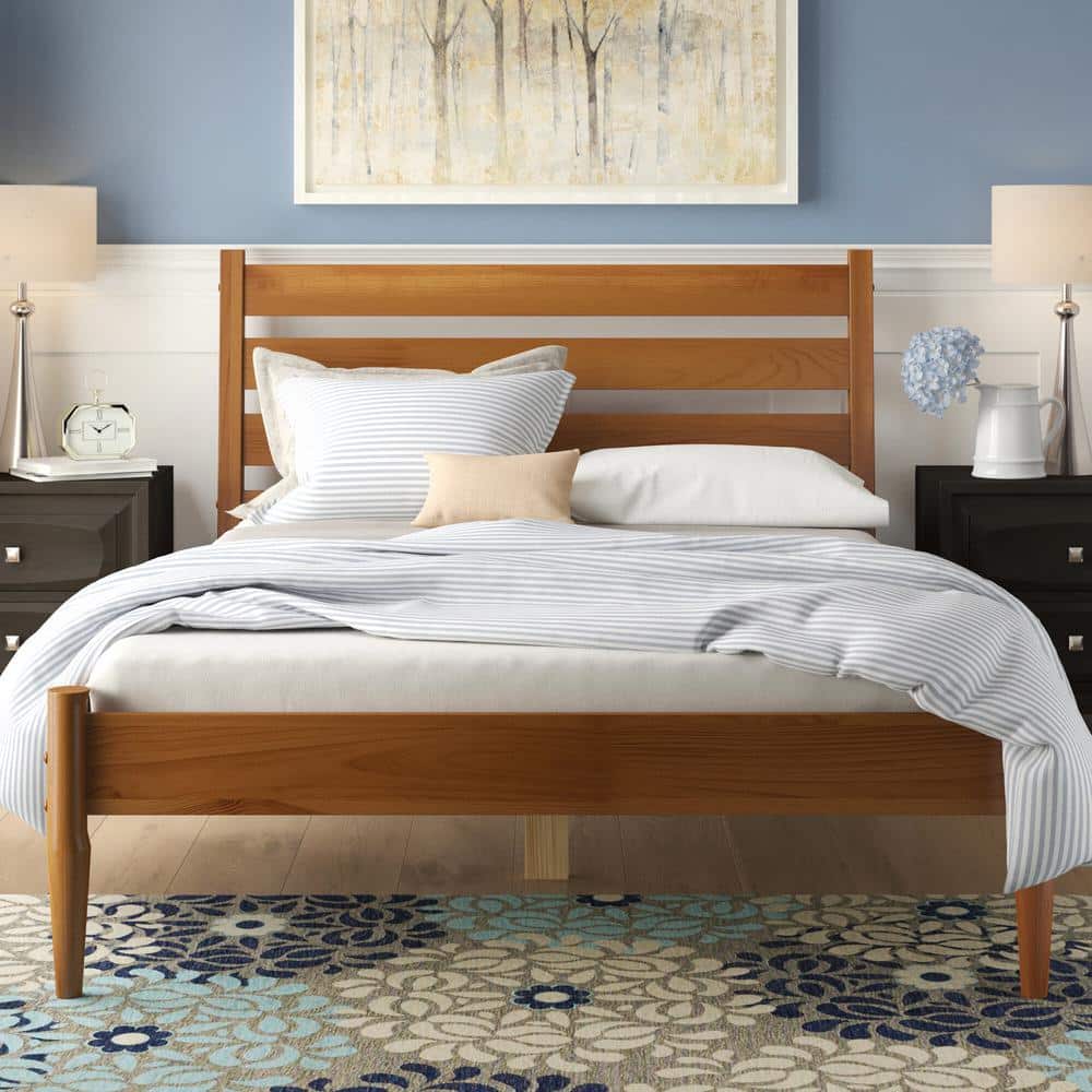 Castanho Brown Mid-Century Modern Queen Platform Bed with Slatted Headboard