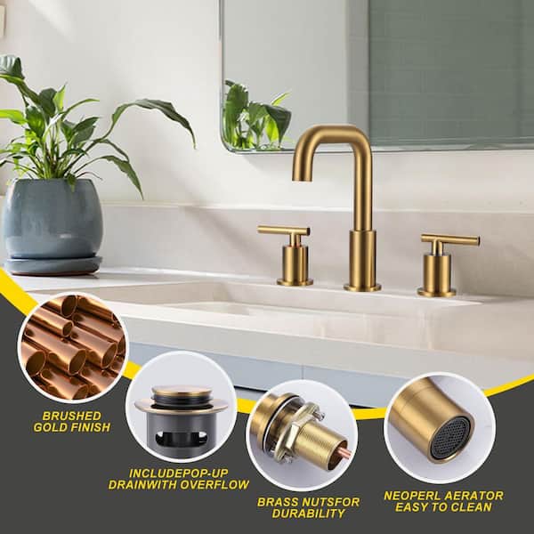 8 in. Widespread Double-Handle High-Arc Bathroom Sink Faucet with Drain Kit in Brushed Gold