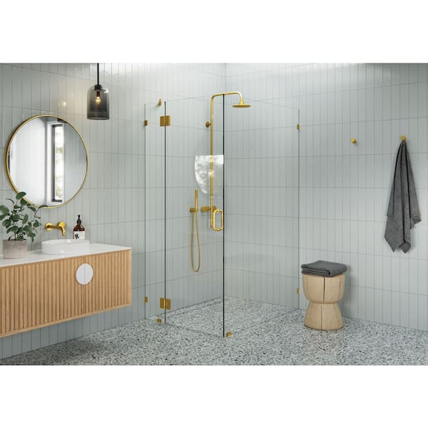 Glass Warehouse 37 in. W x 45 in. D x 78 in. H Pivot Frameless Corner Shower Enclosure in Satin Brass Finish with Clear Glass