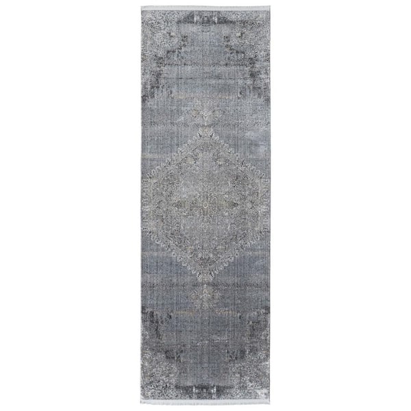 2 X 12 Gray, Silver Abstract Runner Rug