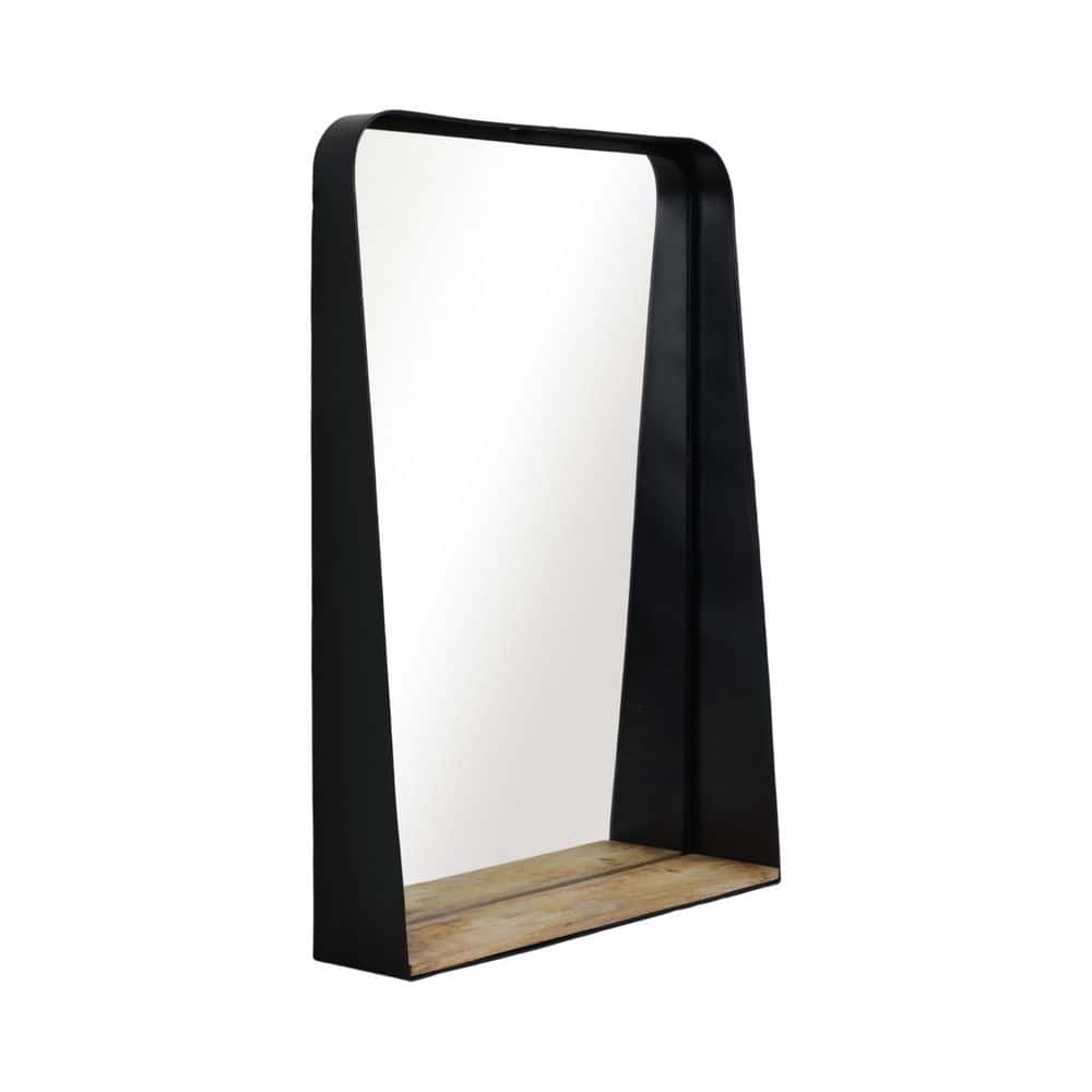 Contemporary Black Iron and Brown Wood 22x30 Mirror with Shelf