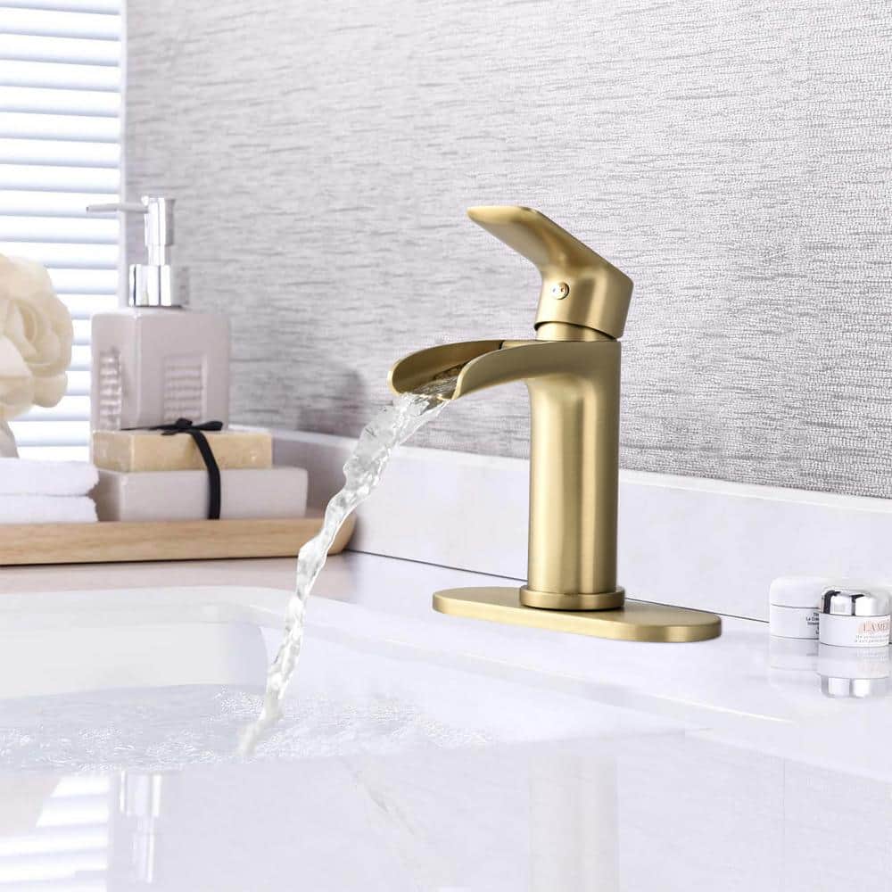 Brushed Gold Single Handle Waterfall Bathroom Faucet with Deck Plate
