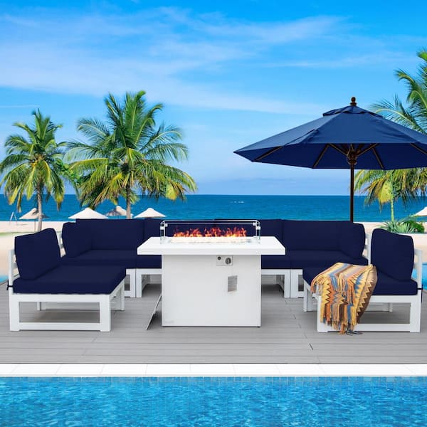 FINCATI 7-Piece Large White Aluminum Patio Sectional Fire Pit Set, Navy Blue Cushions and 55,000 BTU Fire Pit Table