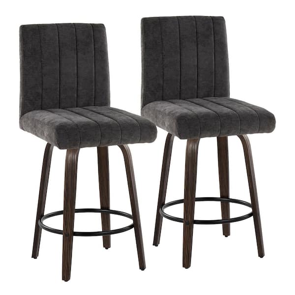 Hank 41 in. Black Fabric, Glazed Walnut Wood and Black Metal Fixed-Height Counter Stool with Bent Wood Legs (Set of 2)