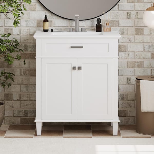 30 in. W Freestanding Bath Vanity in White with White Ceramic Top and Sink, Adjustable Shelves